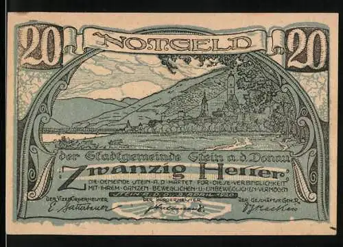 Notgeld Stein a.d. Donau 1920, 20 Heller, Landschaft mit Schloss und Fluss, Kassenschein der Stadtgemeinde