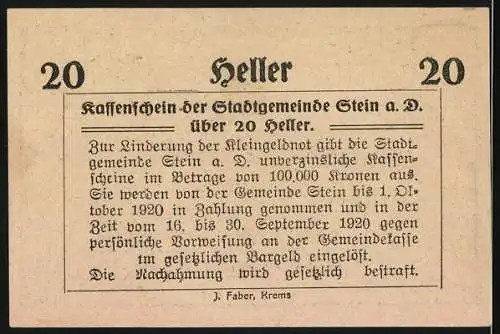 Notgeld Stein a.d. Donau 1920, 20 Heller, Landschaft mit Schloss und Fluss, Kassenschein der Stadtgemeinde