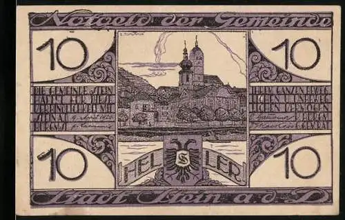 Notgeld Stein a.D., 1920, 10 Heller, Kirche und Stadtansicht, Kassenschein der Stadtgemeinde