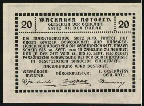 Notgeld Spitz / Donau 1920, 20 Heller, Wachauer Notgeld Gültig bis 30. September 1920