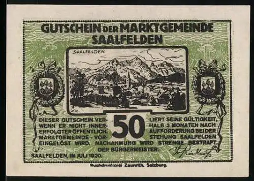 Notgeld Saalfelden, 1920, 50 Heller, Landschaft und Porträt einer Frau mit Hut