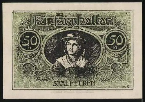 Notgeld Saalfelden, 1920, 50 Heller, Landschaft und Porträt einer Frau mit Hut