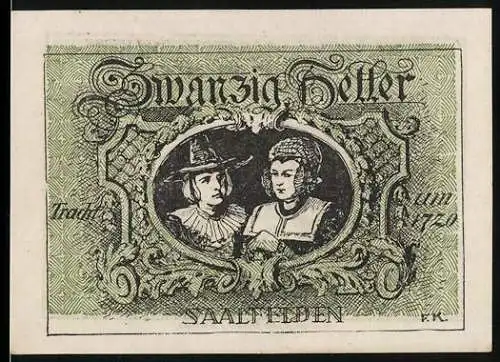 Notgeld Saalfelden, 1920, 20 Heller, Traditionspaar und Ramsl der Scharte