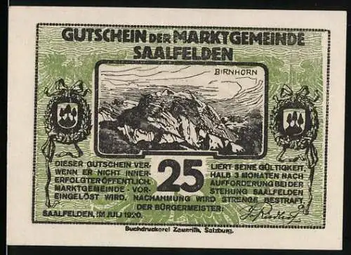 Notgeld Saalfelden 1920, 25 Heller, Birnhorn und Trachtenpaar