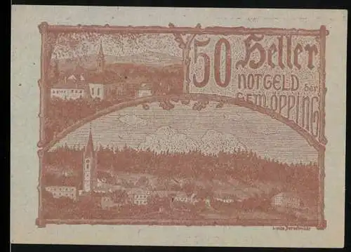 Notgeld Oepping, 1920, 50 Heller, Landschaftsansicht und Gemeindesiegel