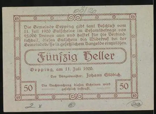 Notgeld Oepping, 1920, 50 Heller, Landschaftsansicht und Gemeindesiegel