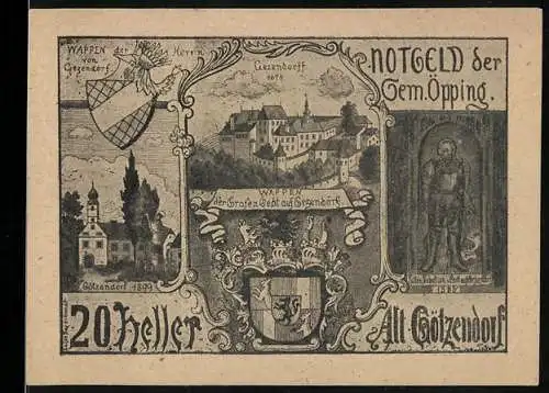 Notgeld Oepping 1920, 20 Heller, Wappen und Ansichten von Oepping, Burg und historische Figuren