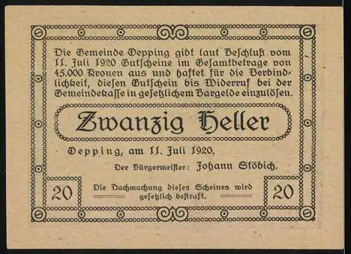 Notgeld Oepping 1920, 20 Heller, Wappen und Ansichten von Oepping, Burg und historische Figuren