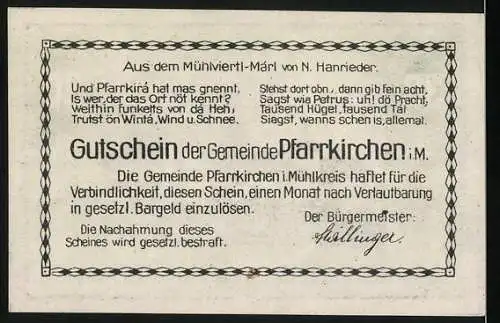 Notgeld Pfarrkirchen 1921, 30 Heller, Gutschein der Gemeinde Pfarrkirchen i. M., Gebäude und Gedicht von N. Hannrieder