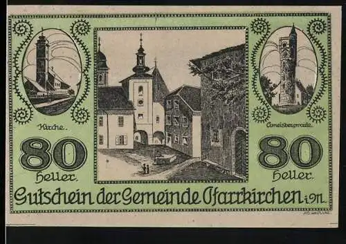 Notgeld Pfarrkirchen 1919, 80 Heller, Kirche und Amtsbergstrasse Illustrationen