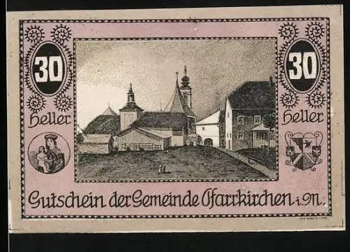 Notgeld Pfarrkirchen i.M., 1921, 30 Heller, Gutschein der Gemeinde mit Gebäudeabbildung und Gedicht auf der Rückseite