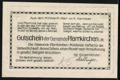 Notgeld Pfarrkirchen i.M., 1921, 30 Heller, Gutschein der Gemeinde mit Gebäudeabbildung und Gedicht auf der Rückseite