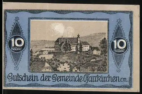 Notgeld Pfarrkirchen, 10 Heller, Gutschein der Gemeinde Pfarrkirchen mit Landschaftsmotiv und Textpassage