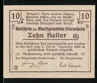 Notgeld Ottensheim, 1920, 10 Heller, Gutschein der Marktgemeinde Ottensheim, Landschaftsbild mit Schloss