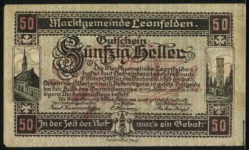 Notgeld Leonfelden 1920, 50 Heller, Alt-Leonfelden im Jahre 1776, gültig bis 1. August 1920