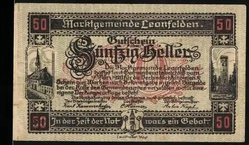 Notgeld Leonfelden, 1920, 50 Heller, Darstellung der Stadt und historischen Gebäuden