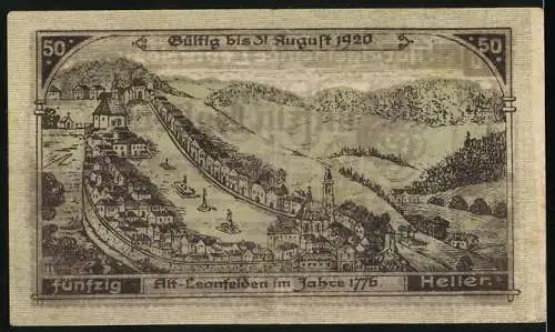 Notgeld Leonfelden, 1920, 50 Heller, Darstellung der Stadt und historischen Gebäuden