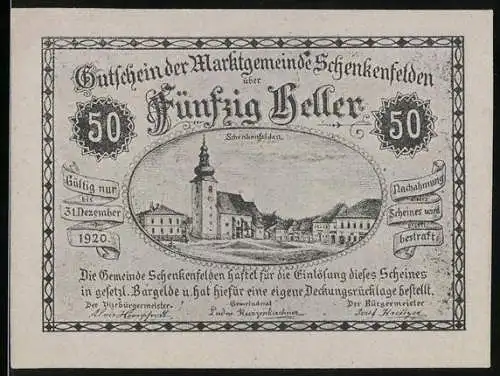 Notgeld Schenkenfelden, 1920, 50 Heller, Gutschein der Marktgemeinde mit Landschafts- und Gebäudemotiven