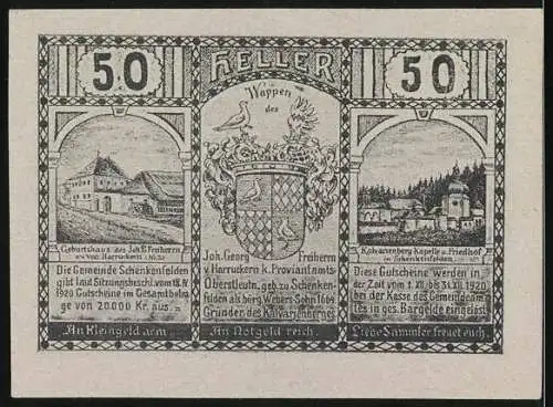 Notgeld Schenkenfelden, 1920, 50 Heller, Gutschein der Marktgemeinde mit Landschafts- und Gebäudemotiven