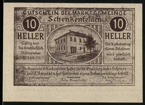 Notgeld Schenkenfelden 1920, 10 Heller, Gutschein der Marktgemeinde beidseitig bedruckt