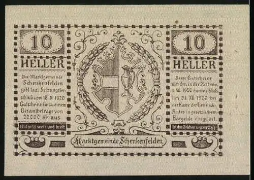 Notgeld Schenkenfelden 1920, 10 Heller, Gutschein der Marktgemeinde beidseitig bedruckt