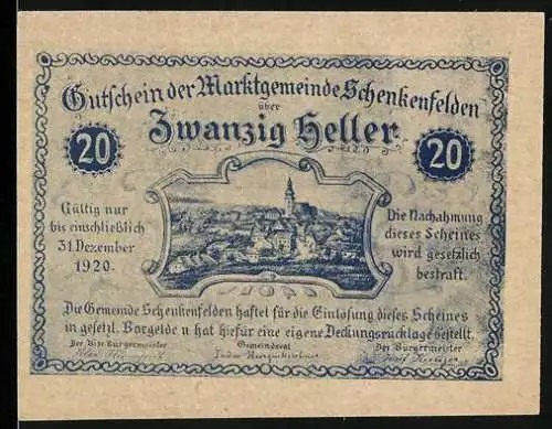 Notgeld Schenkenfelden 1920, 20 Heller, Gutschein der Marktgemeinde mit Stadtansicht und Wappen