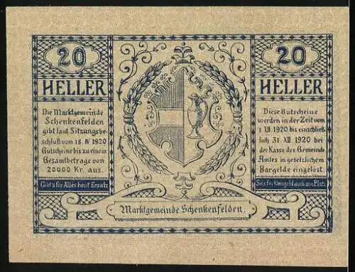 Notgeld Schenkenfelden 1920, 20 Heller, Gutschein der Marktgemeinde mit Stadtansicht und Wappen