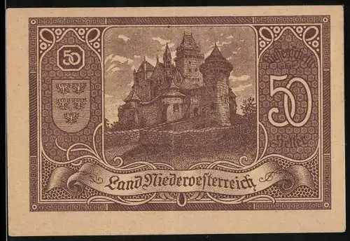 Notgeld Wien 1920, 50 Heller, Kassenschein mit Schloss und Wappen, Text über Zahlungsanweisung