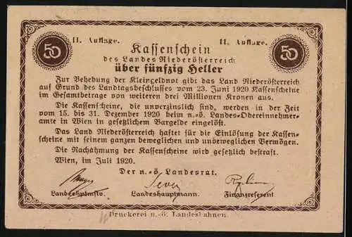 Notgeld Wien 1920, 50 Heller, Kassenschein mit Schloss und Wappen, Text über Zahlungsanweisung