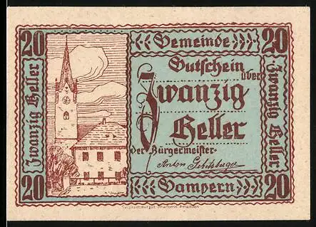 Notgeld Gampern, 1920, 20 Heller, Gutschein über Zwanzig Heller der Gemeinde Gampern, Bürgermeisterunterschrift