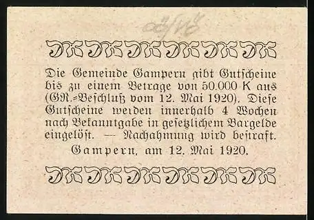 Notgeld Gampern, 1920, 20 Heller, Gutschein über Zwanzig Heller der Gemeinde Gampern, Bürgermeisterunterschrift