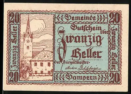 Notgeld Gampern, 1920, 20 Heller, Gutschein der Gemeinde mit Abbildung einer Kirche und eines Gebäudes