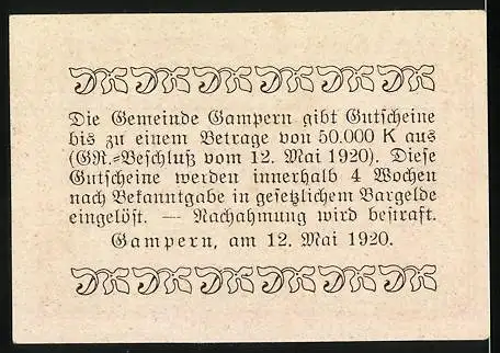 Notgeld Gampern, 1920, 20 Heller, Gutschein der Gemeinde mit Abbildung einer Kirche und eines Gebäudes