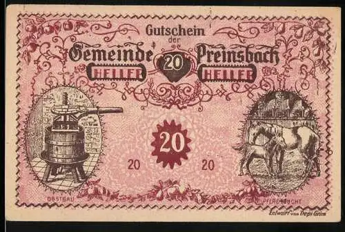 Notgeld Preinsbach 1920, 20 Heller, Gutschein der Gemeinde, Obstbau und Pferdezucht, Druck von F. Seitenberg Wien