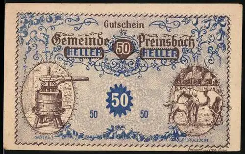 Notgeld Preinsbach, 1920, 50 Heller, Gutschein der Gemeinde Preinsbach, Weinpresse und Pferdezucht, rückseitiger Text