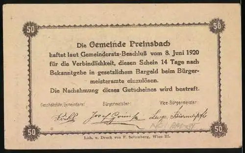 Notgeld Preinsbach, 1920, 50 Heller, Gutschein der Gemeinde Preinsbach, Weinpresse und Pferdezucht, rückseitiger Text