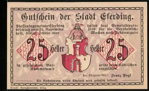 Notgeld Eferding, 1919, 25 Heller, Gutschein der Stadt Eferding mit Stadtwappen und Linzer Tor Ansicht um 1800