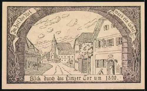 Notgeld Eferding, 1919, 25 Heller, Gutschein der Stadt Eferding mit Stadtwappen und Linzer Tor Ansicht um 1800