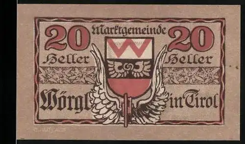 Notgeld Wörgl 1920, 20 Heller, Marktgemeinde Wörgl in Tirol, 5. Auflage, Statue und Text