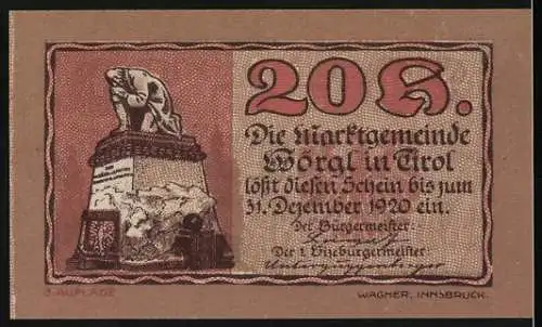 Notgeld Wörgl 1920, 20 Heller, Marktgemeinde Wörgl in Tirol, 5. Auflage, Statue und Text