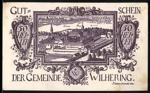 Notgeld Wilhering, 1920, 50 Heller, Gutschein der Gemeinde Wilhering mit Klosteransicht und Einlösebedingungen