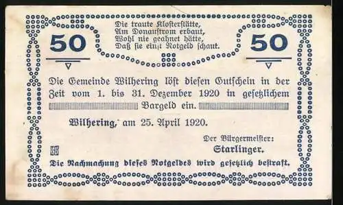 Notgeld Wilhering, 1920, 50 Heller, Gutschein der Gemeinde Wilhering mit Klosteransicht und Einlösebedingungen