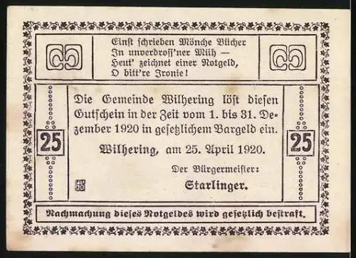 Notgeld Wilhering 1920, 25 Heller, Gutschein der Gemeinde mit Gebäudeansicht und Text über Gültigkeit