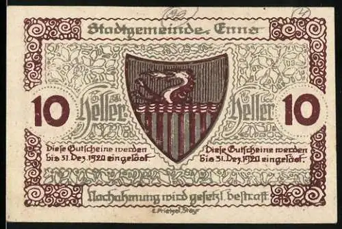 Notgeld Enns, 1920, 10 Heller, Stadtwappen und Turm der Stadtkirche