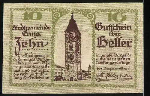 Notgeld Enns, 1920, 10 Heller, Stadtwappen und Turm der Stadtkirche