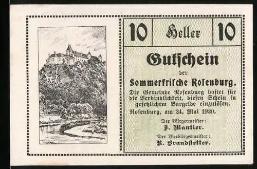 Notgeld Rosenburg 1920, 10 Heller, Gutschein der Sommerfrische Rosenburg, Gültig bis 15. Oktober 1920