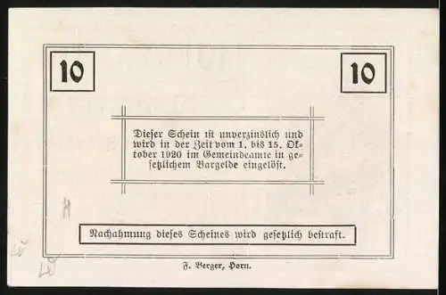 Notgeld Rosenburg 1920, 10 Heller, Gutschein der Sommerfrische Rosenburg, Gültig bis 15. Oktober 1920