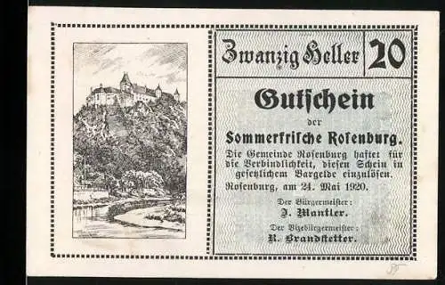 Notgeld Rosenburg 1920, 20 Heller, Gutschein der Sommerfrische mit Burgansicht und Einlösebedingungen