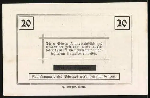 Notgeld Rosenburg 1920, 20 Heller, Gutschein der Sommerfrische mit Burgansicht und Einlösebedingungen