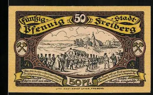 Notgeld Freiberg 1921, 50 Pfennig, Bergmannsumzug und Stadtansicht, gelb-braun-schwarz